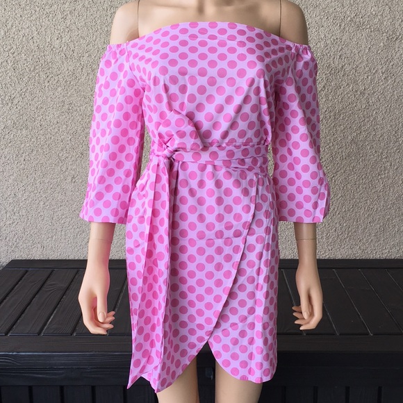 Pink Off Shoulder Polka Dot Big Bow Details Dress - Picture 2 of 5